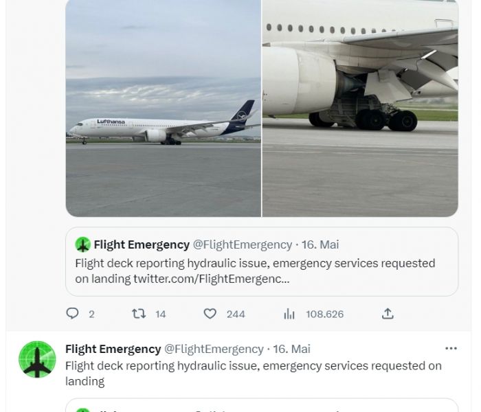 Notfall beim Lufthansa-Flug LH474: Airbus A359-900 befindet sich im Landeanflug auf Montreal. (Foto: Twitter. Redaktion)