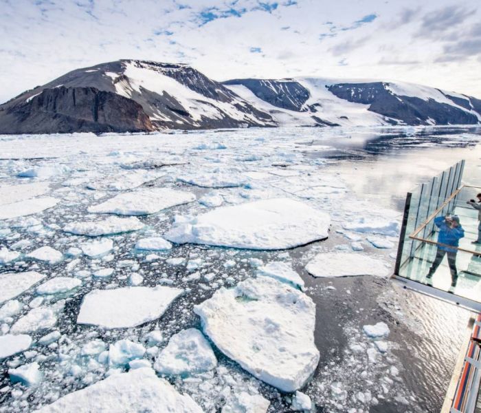 Dank der beiden ausfahrbaren gläsernen Balkone ist eine direkte Naturbeobachtung möglich. (Foto: Hapag-Lloyd Cruises)